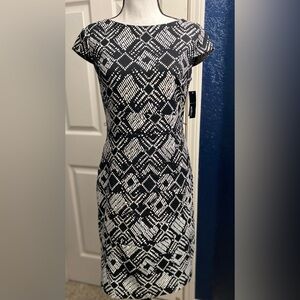 Alyx Black and White Geometric Cap-Sleeve Midi Dress